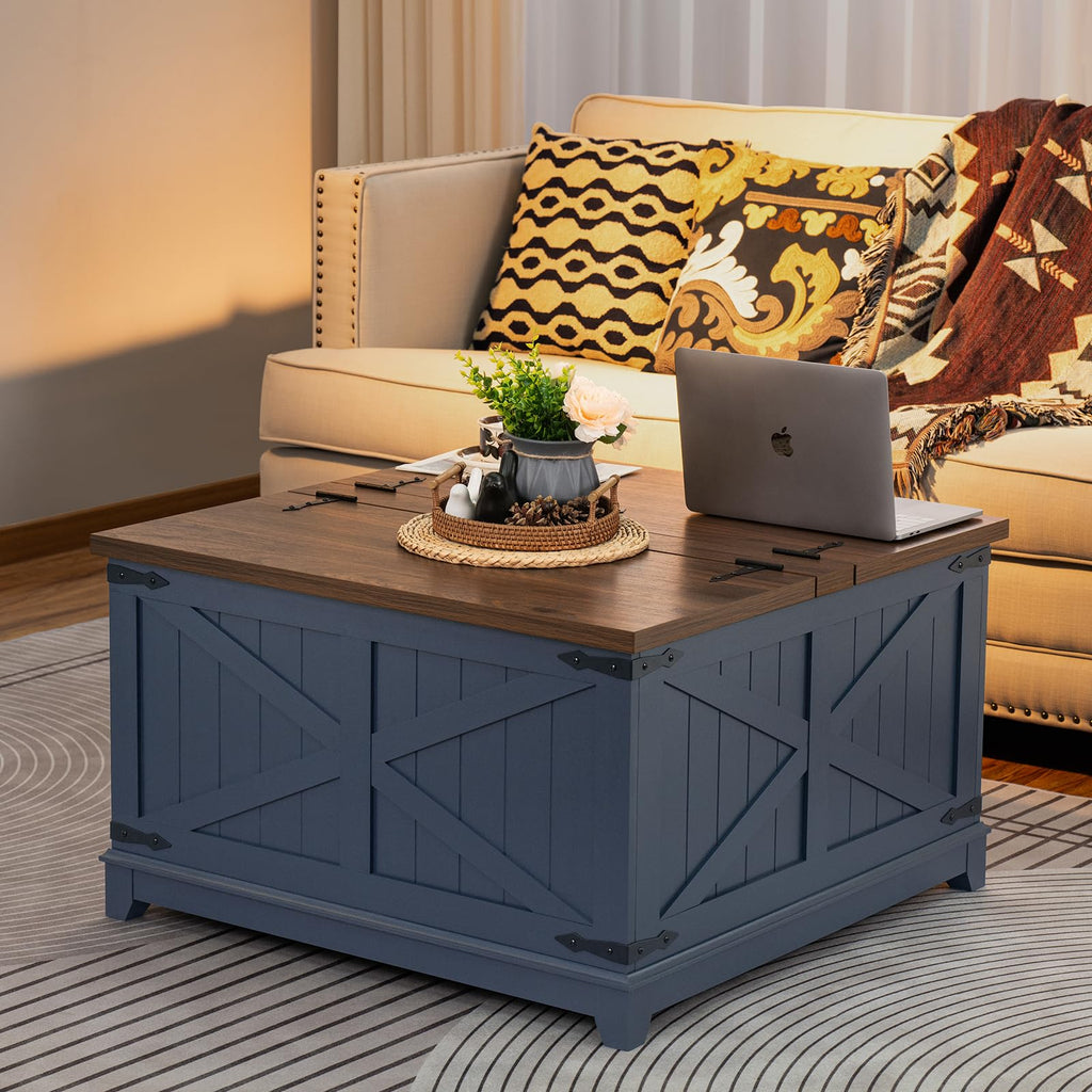 Navy blue square coffee table with rustic brown tabletop and decorative panel sides