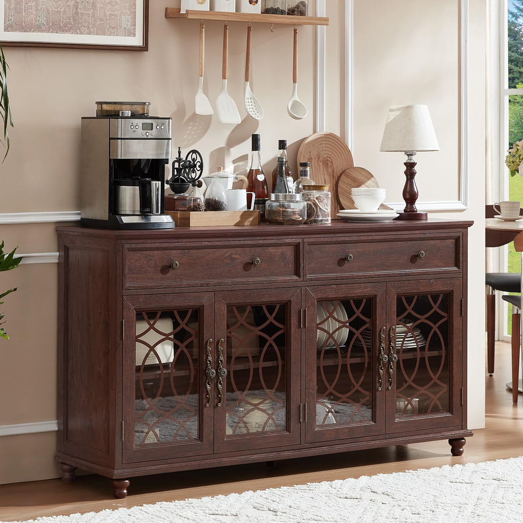 Farmhouse sideboard buffet cabinet in dark brown wood with drawers and glass doors