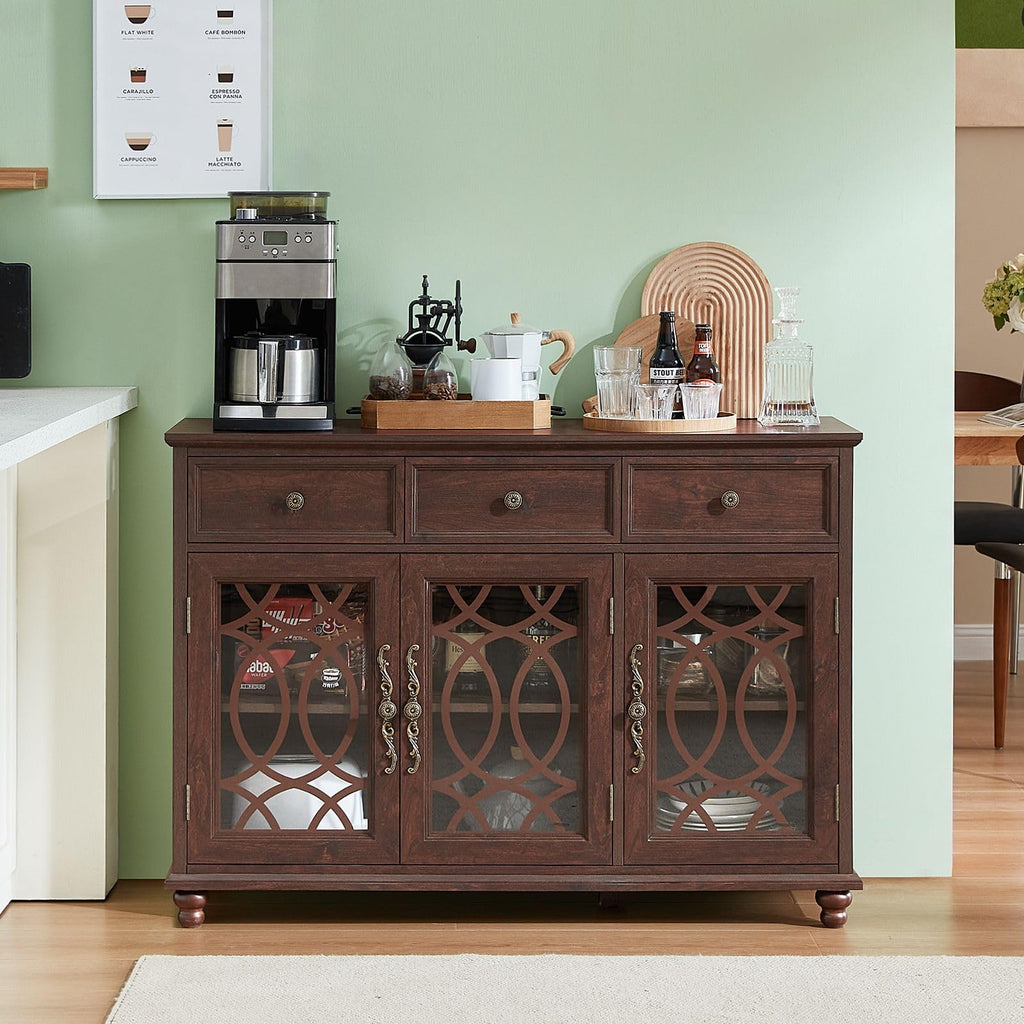 Dark brown sideboard buffet with 3 glass-front doors and 3 drawers