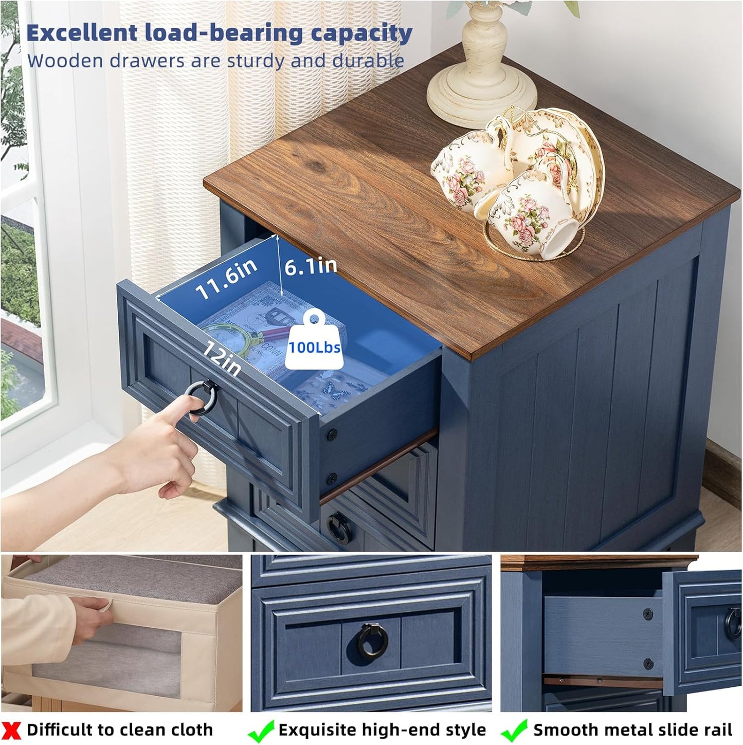 Navy nightstand featuring a wood top and three drawers with metal pulls