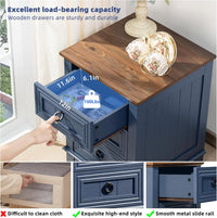 Navy nightstand featuring a wood top and three drawers with metal pulls