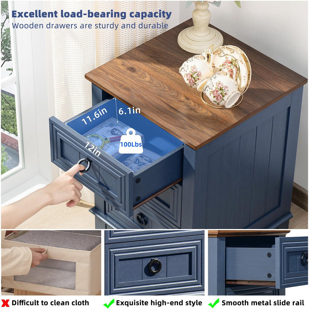 Blue nightstand with wood top, open drawer showing smooth metal slides