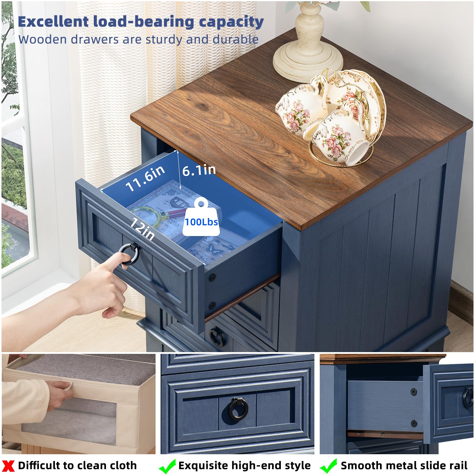Blue nightstand with wood top, open drawer showing smooth metal slides