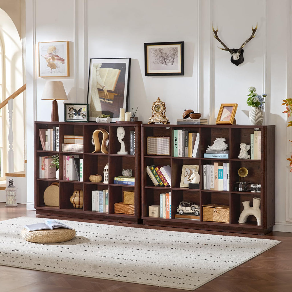 Wooden cube storage bookcase console with open cubbies for books and decor items.