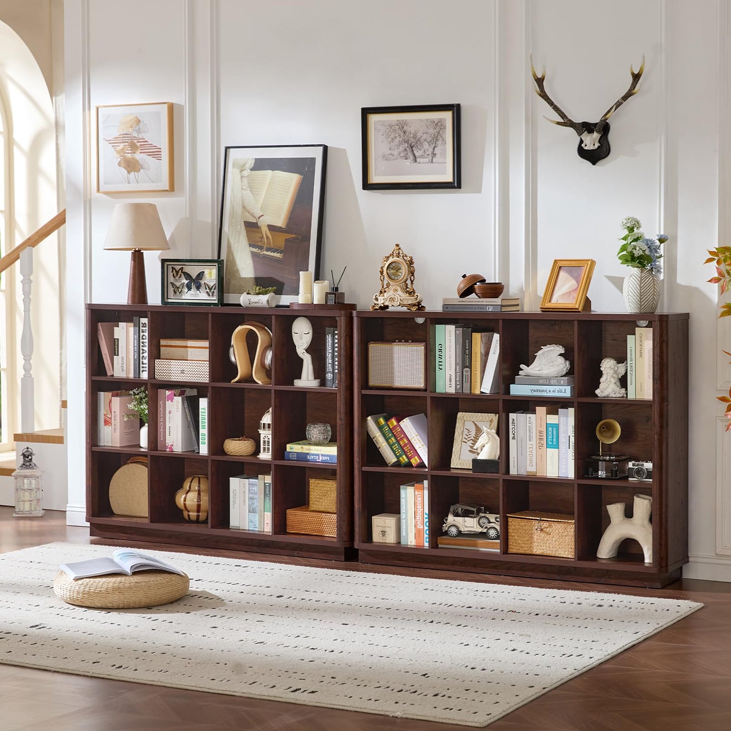 Wooden cube storage bookcase console with open cubbies for books and decor items.
