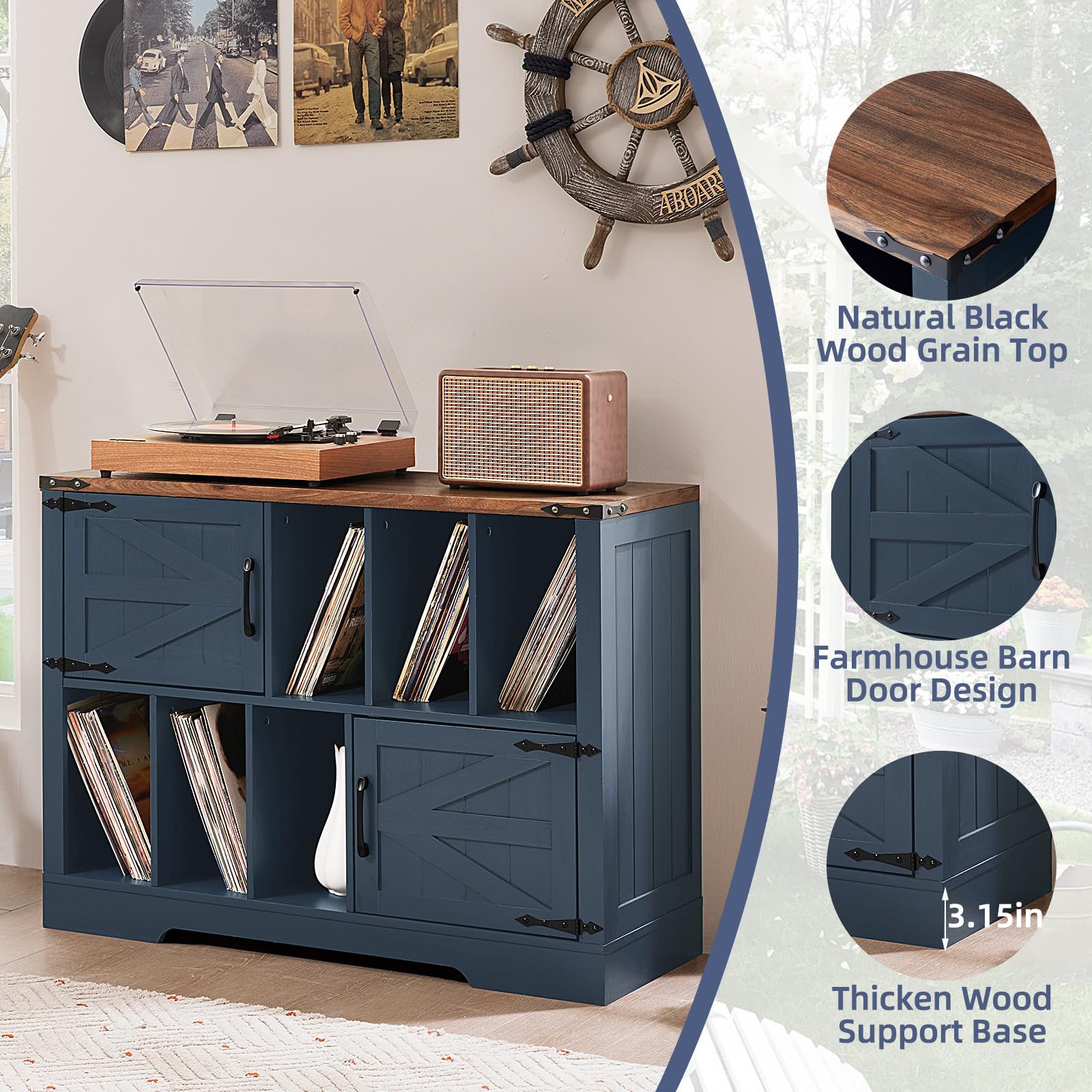 Navy blue record player cabinet with natural wood-grain top and vinyl record shelves