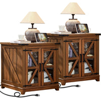 Pair of wood-toned farmhouse end tables with glass barn doors and X-style accents