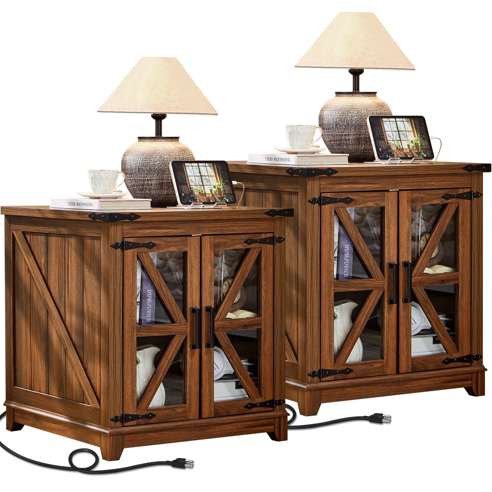Pair of wood-toned farmhouse end tables with glass barn doors and X-style accents