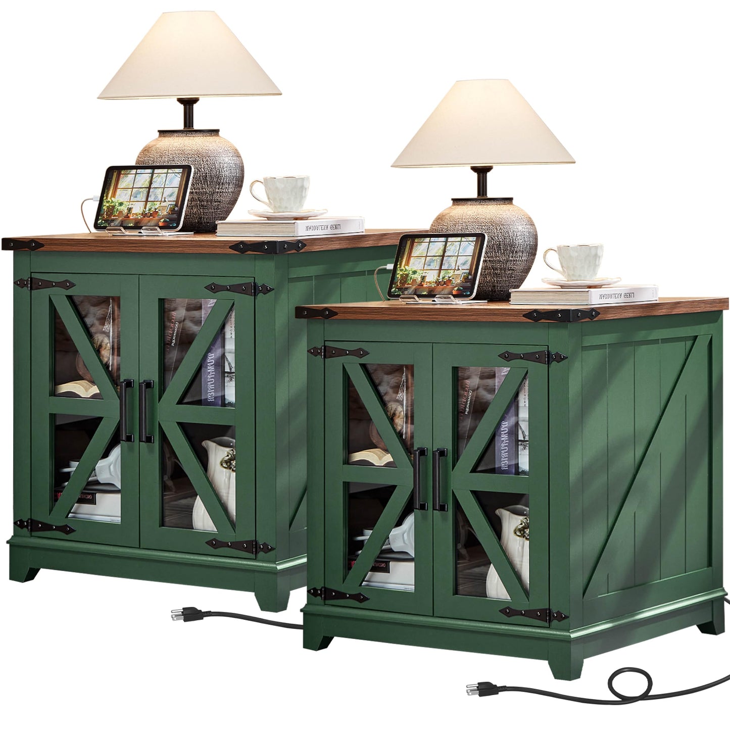 Pair of green farmhouse end tables with glass barn doors and X-style accents