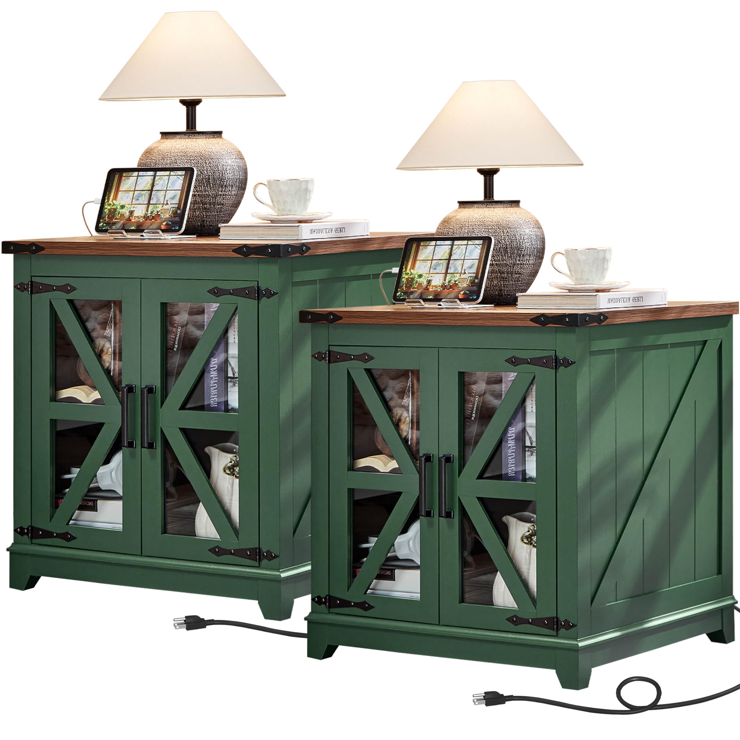 Pair of green farmhouse end tables with glass barn doors and X-style accents