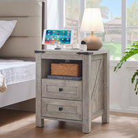 Joaxswe light wood bedside nightstand with 2 drawers and open shelf, charging ports on top