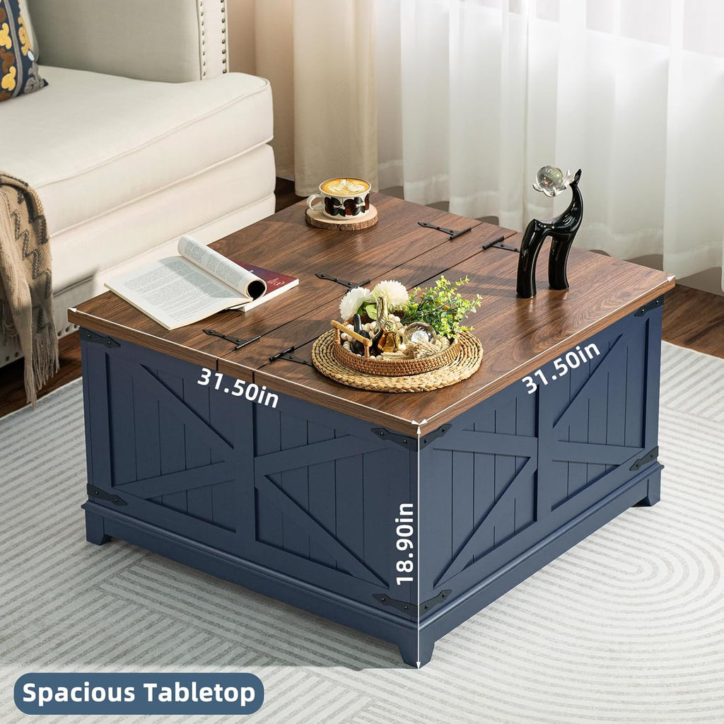 Farmhouse side table with glass barn door, navy blue finish, with tabletop storage compartments