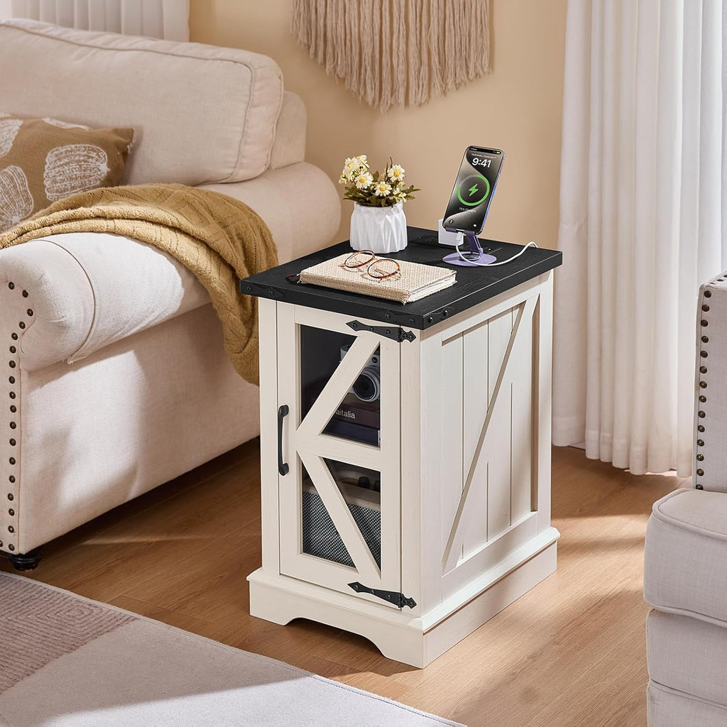 White farmhouse side table with black top and glass-paneled barn door