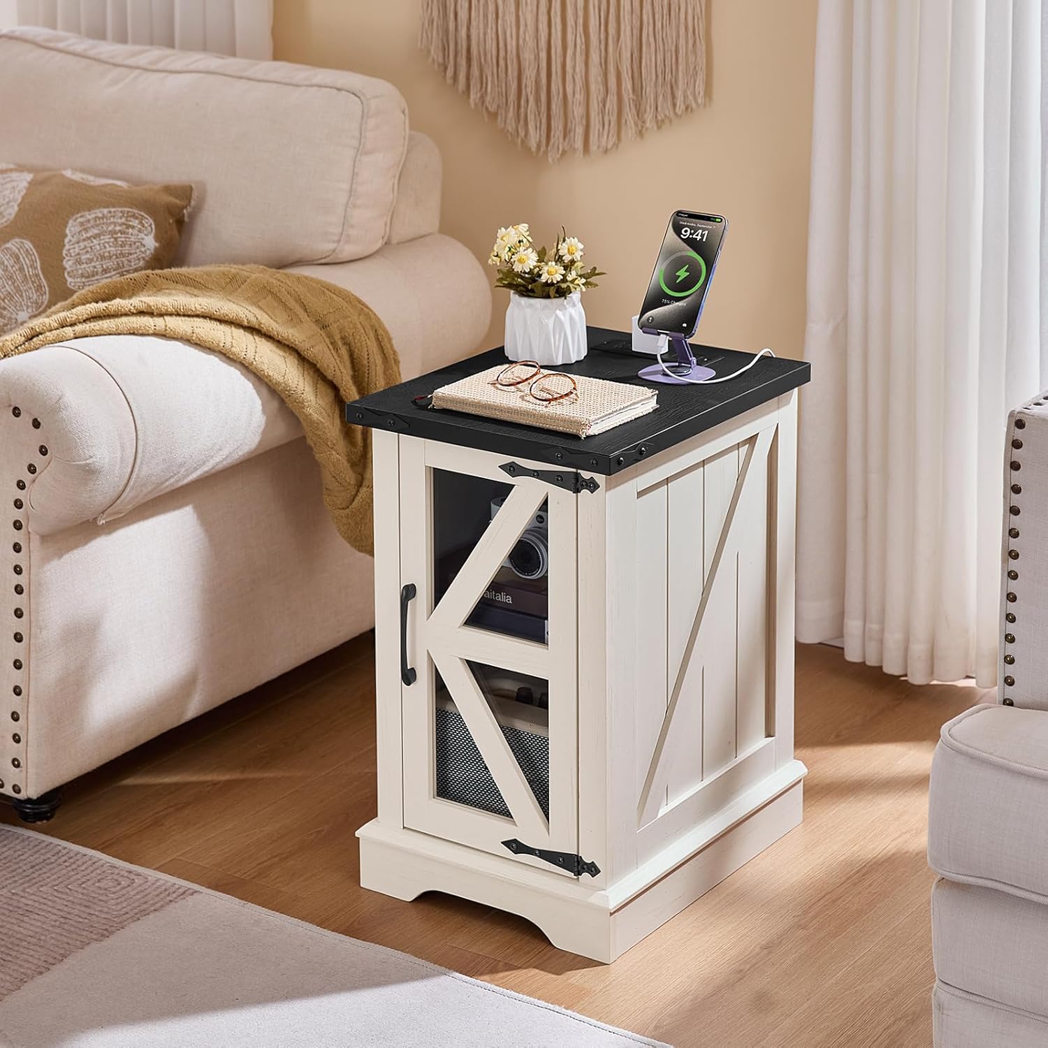 White farmhouse side table with black top and glass-paneled barn door