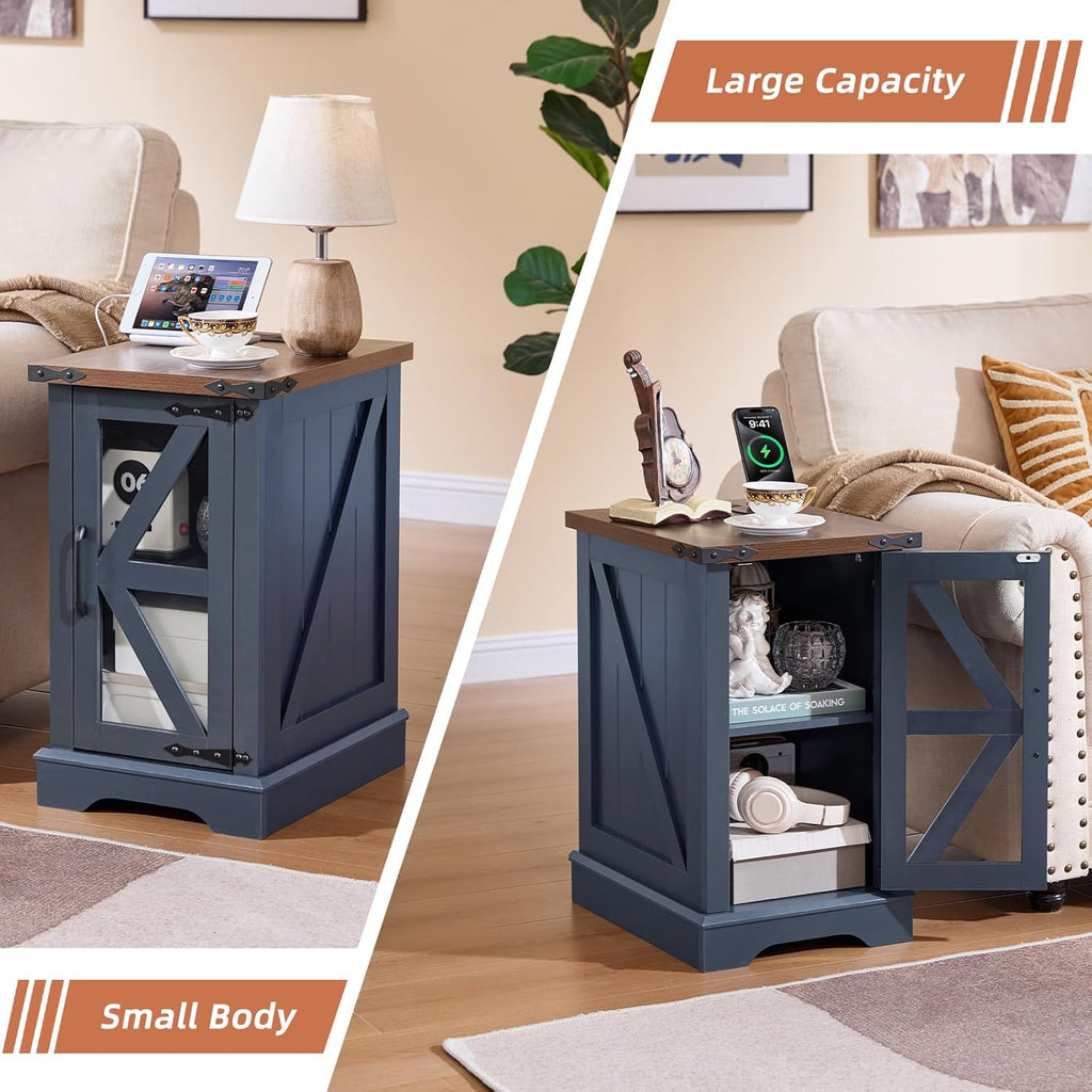 Blue farmhouse side table with open storage cabinet and lift-top surface