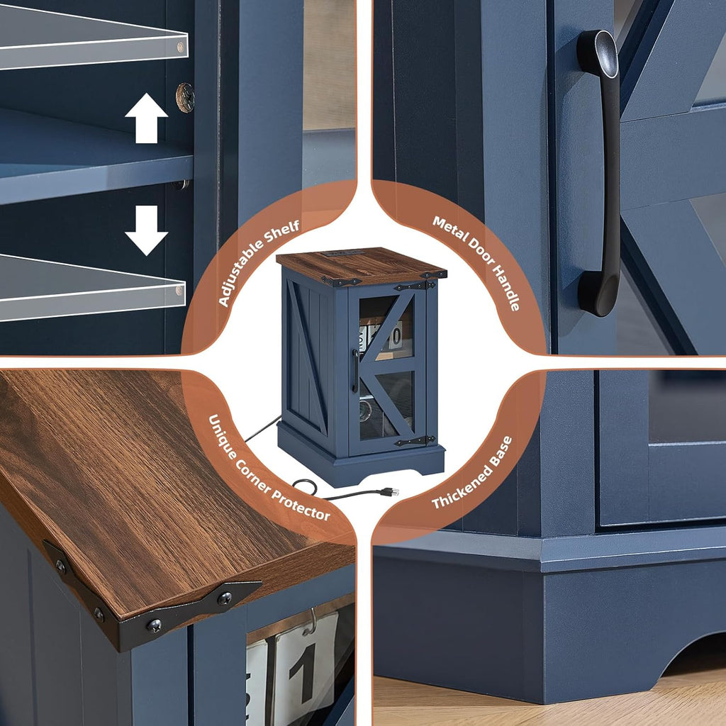 Blue side table with glass door, corner detail, and reinforced base frame
