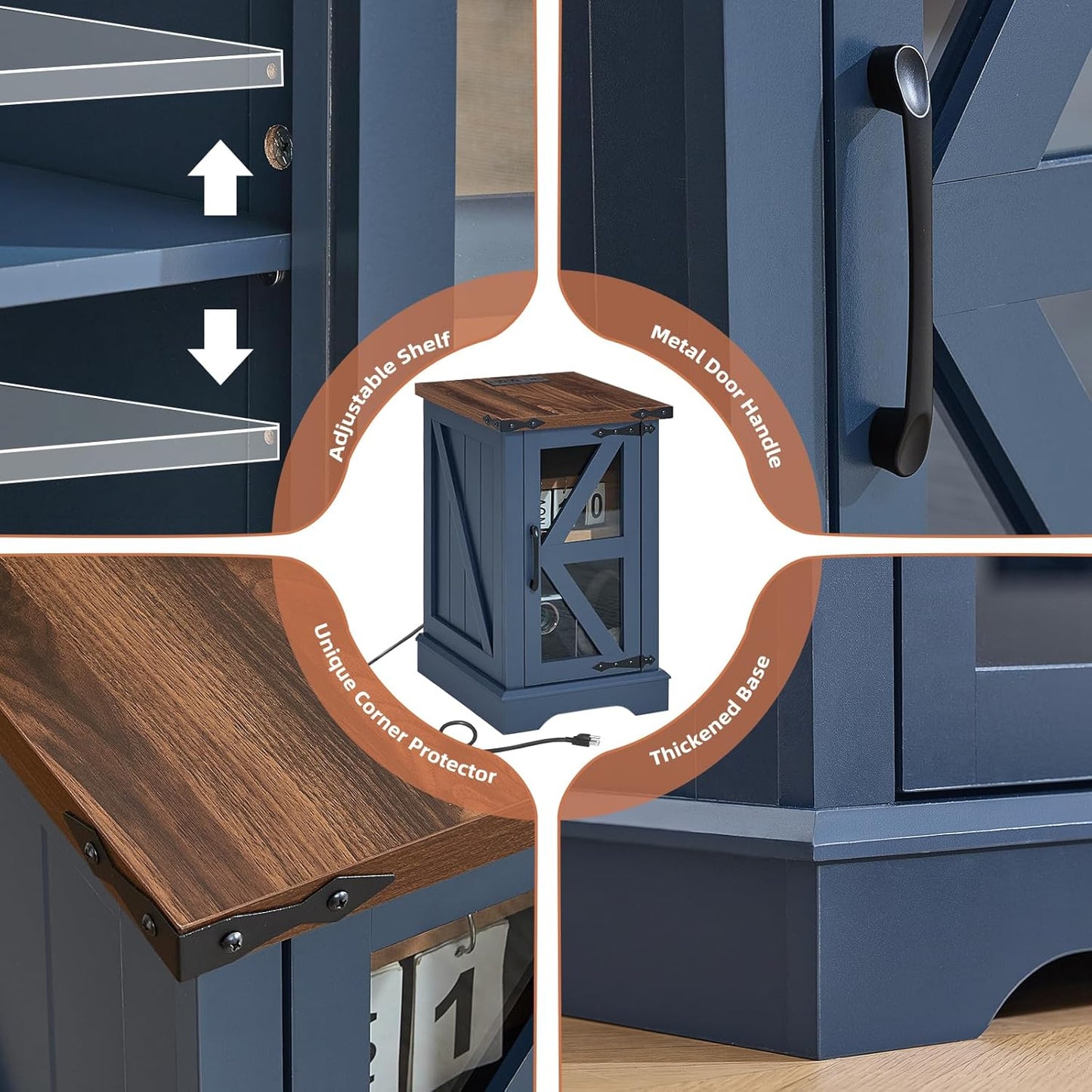 Blue side table with glass door, corner detail, and reinforced base frame