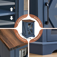Blue side table with glass door, corner detail, and reinforced base frame