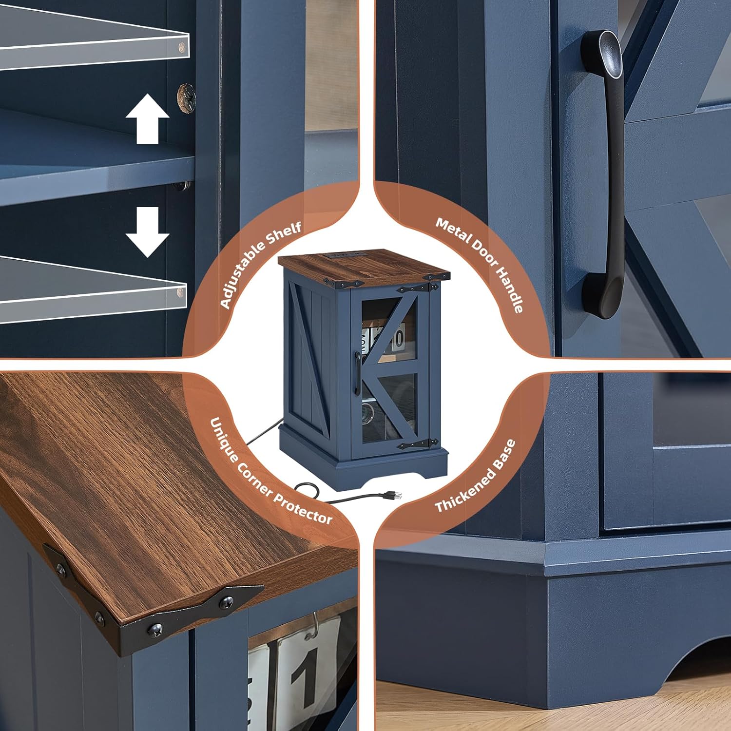 Blue side table with glass door, corner detail, and reinforced base frame