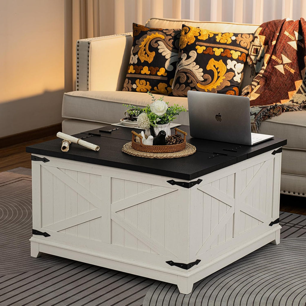White farmhouse coffee table with lift-top and cabinet storage doors