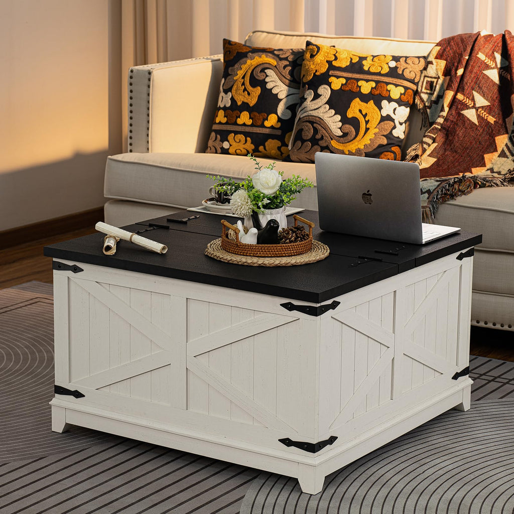 Square farmhouse coffee table with hinged lift top and hidden storage, white base and dark tabletop
