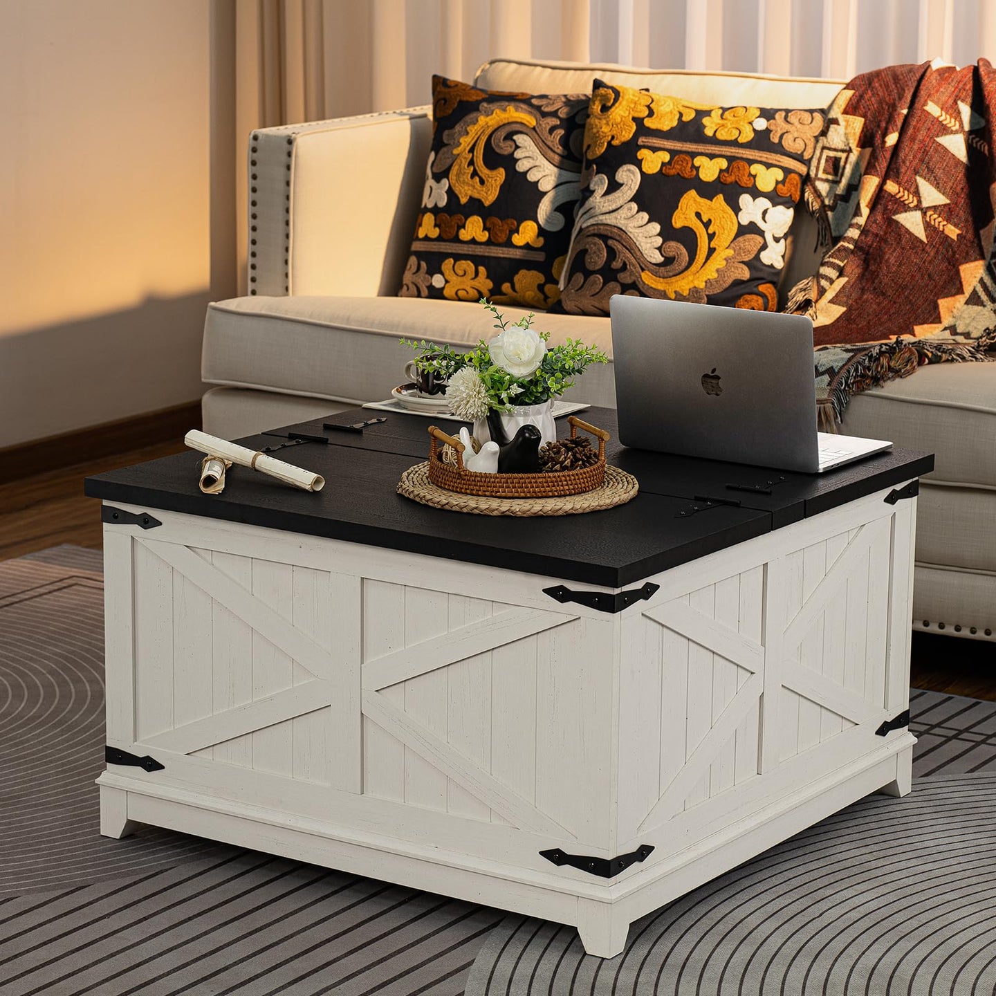 Black lift-top coffee table set with hidden storage and charging surface