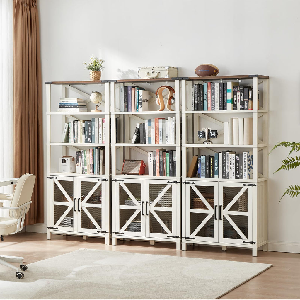 White wood bookcase with open shelving and two cabinet doors with X-style panels