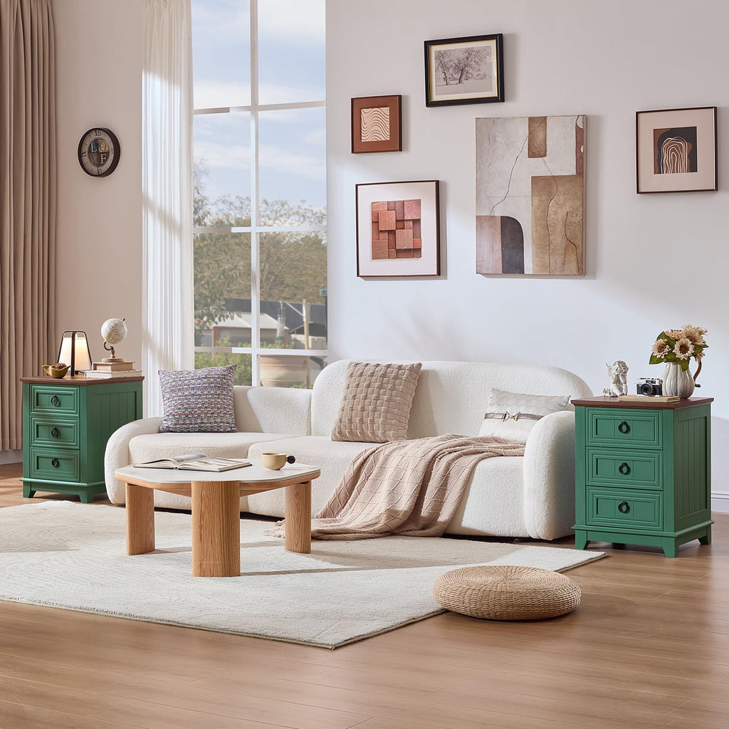 Green 3-drawer nightstand cabinet with metal drawer pulls, placed next to sofa area