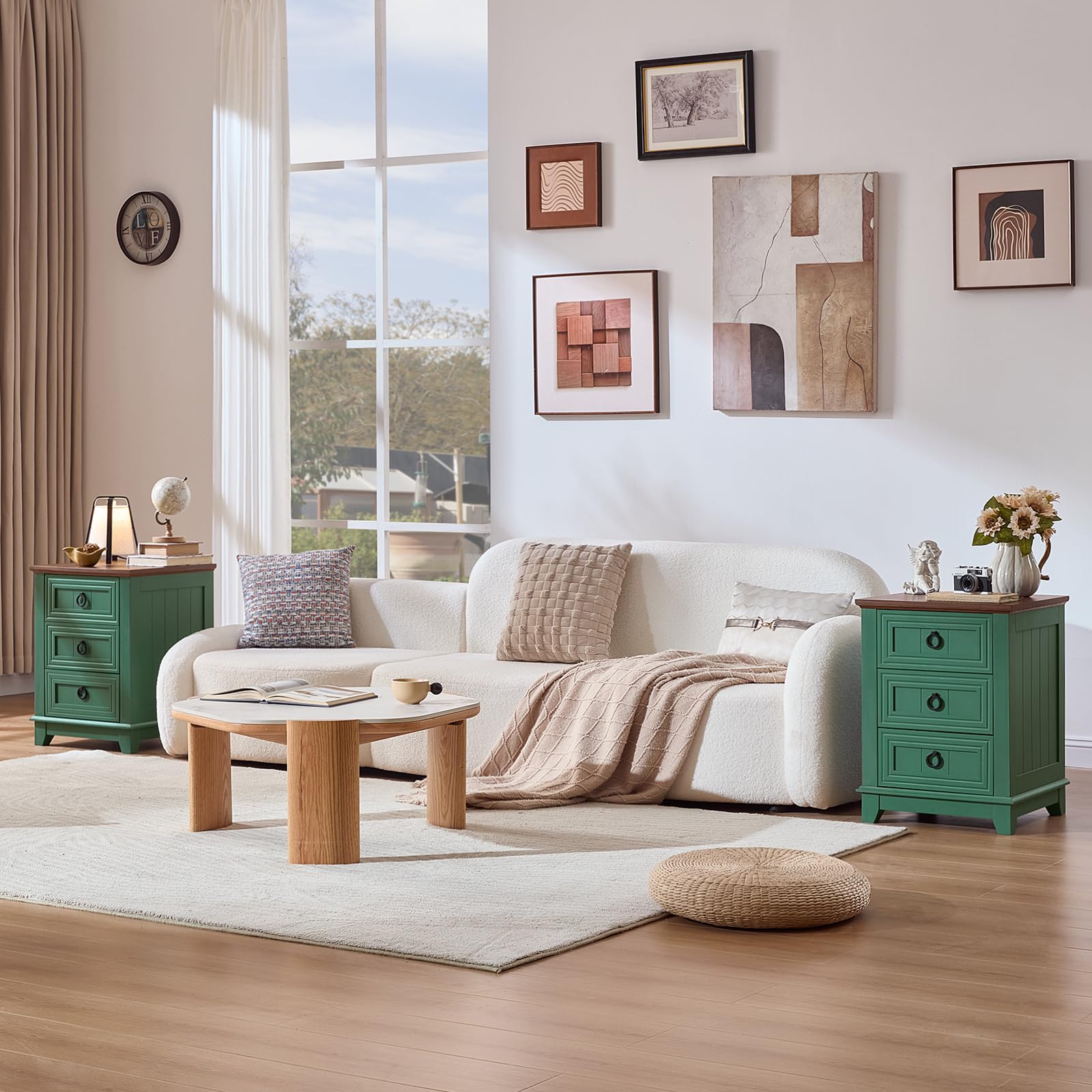 Green 3-drawer nightstand cabinet with metal drawer pulls, placed next to sofa area