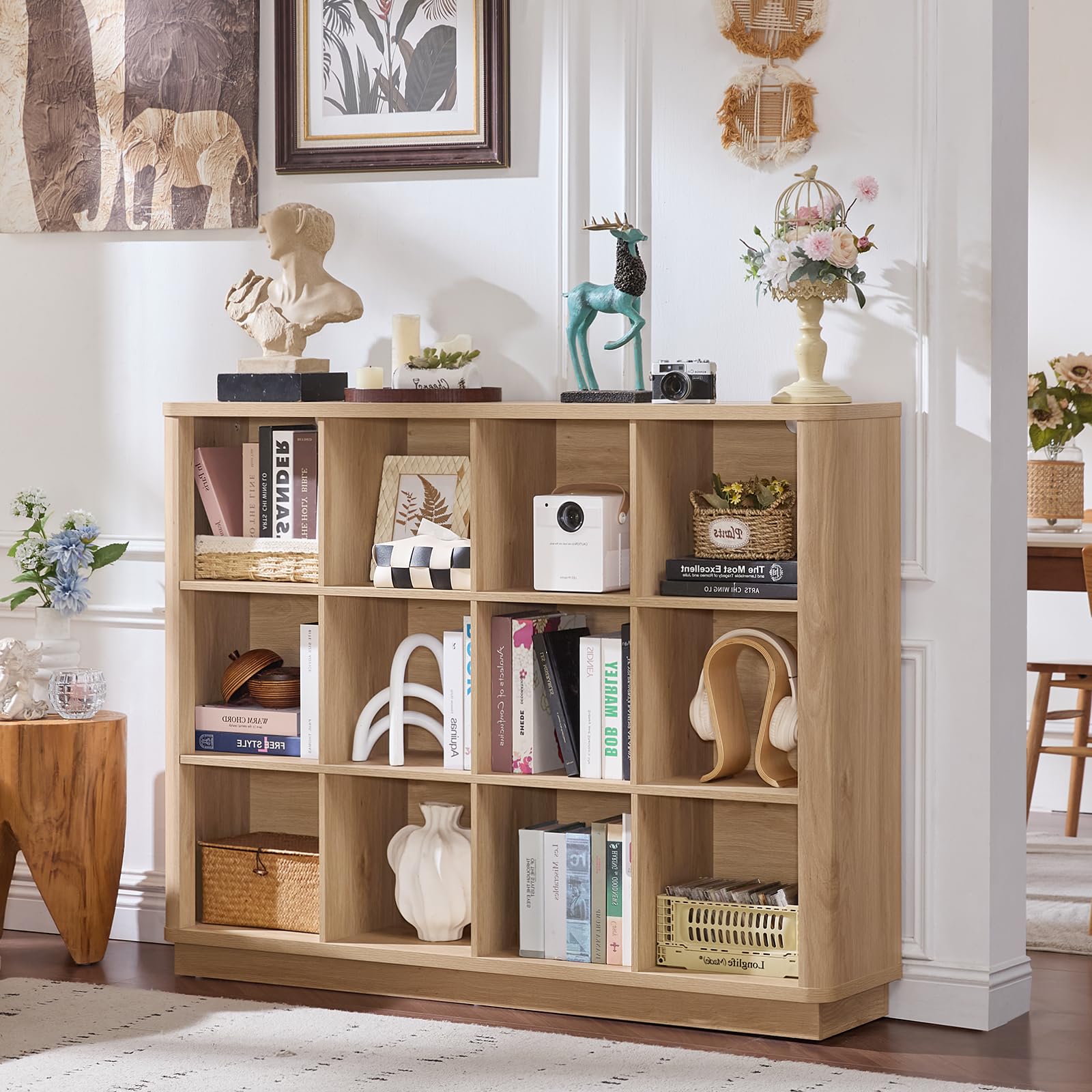 Natural oak cube storage book shelf with 8 open cubbies filled with decor and books