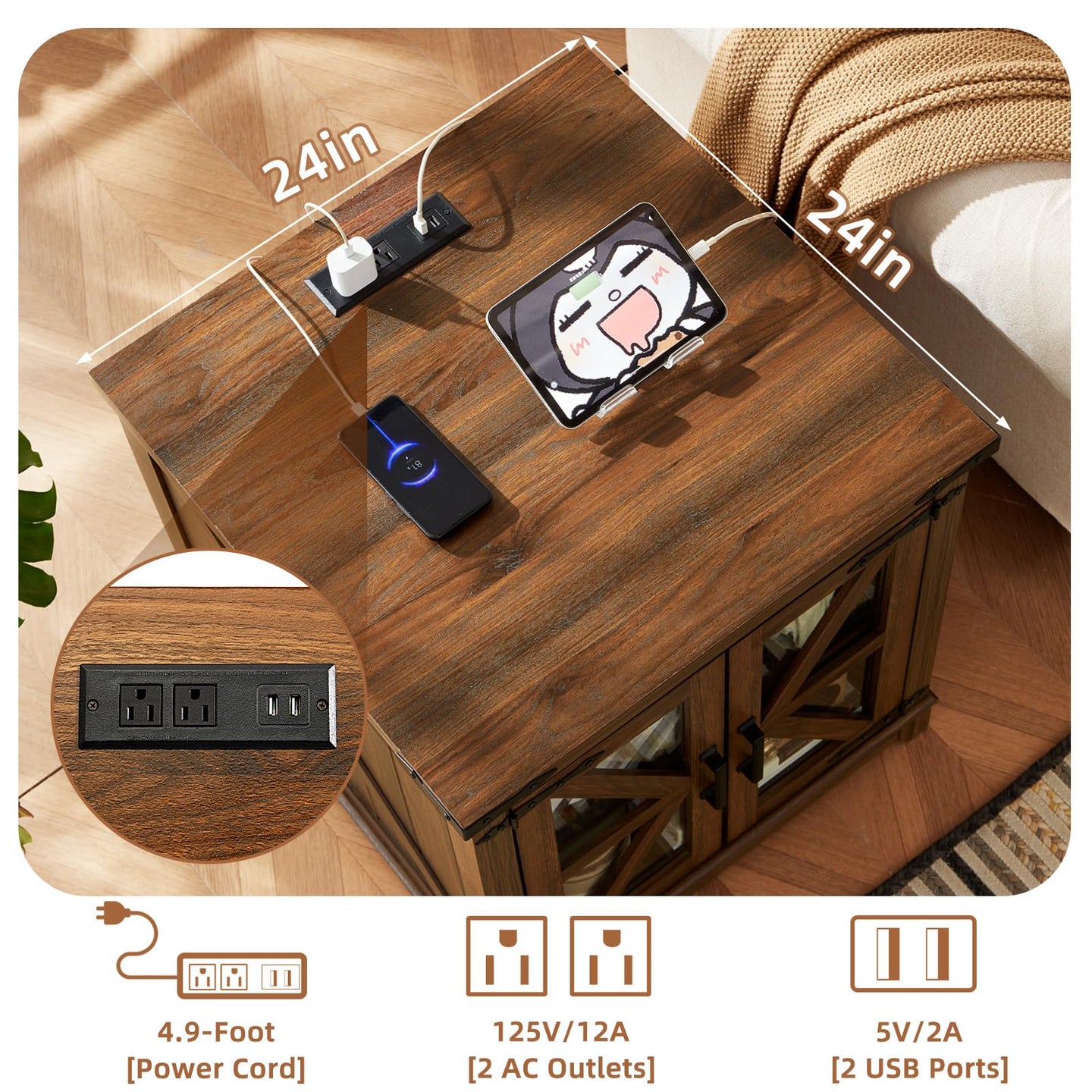 Brown wood coffee table with lift-top surface, charging ports, and outlet panel.