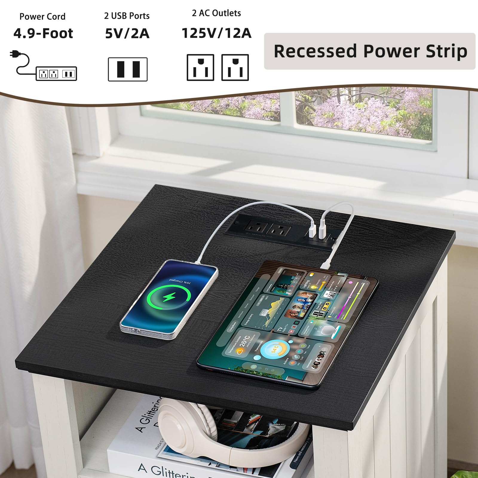 White nightstand with built-in recessed power strip and charging ports on black top