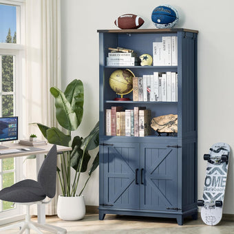compare product Joaxswe 70in Tall Bookshelf 5 Tier Bookcase with Barn Doors and Adjustable Shelves, Blue Farmhouse Book Shelf with Storage Cabinet, Wood Freestanding Display Bookshelves for Bedroom, Living Room