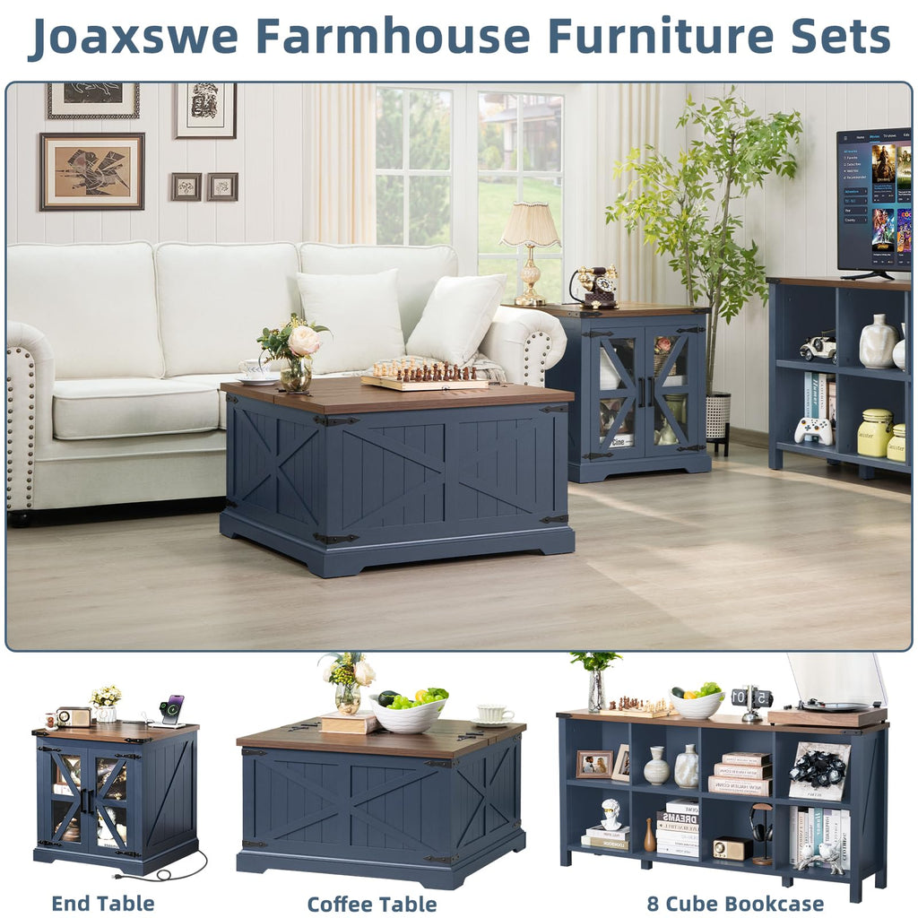 Navy blue farmhouse square coffee table with dark top and lift-hinged cover
