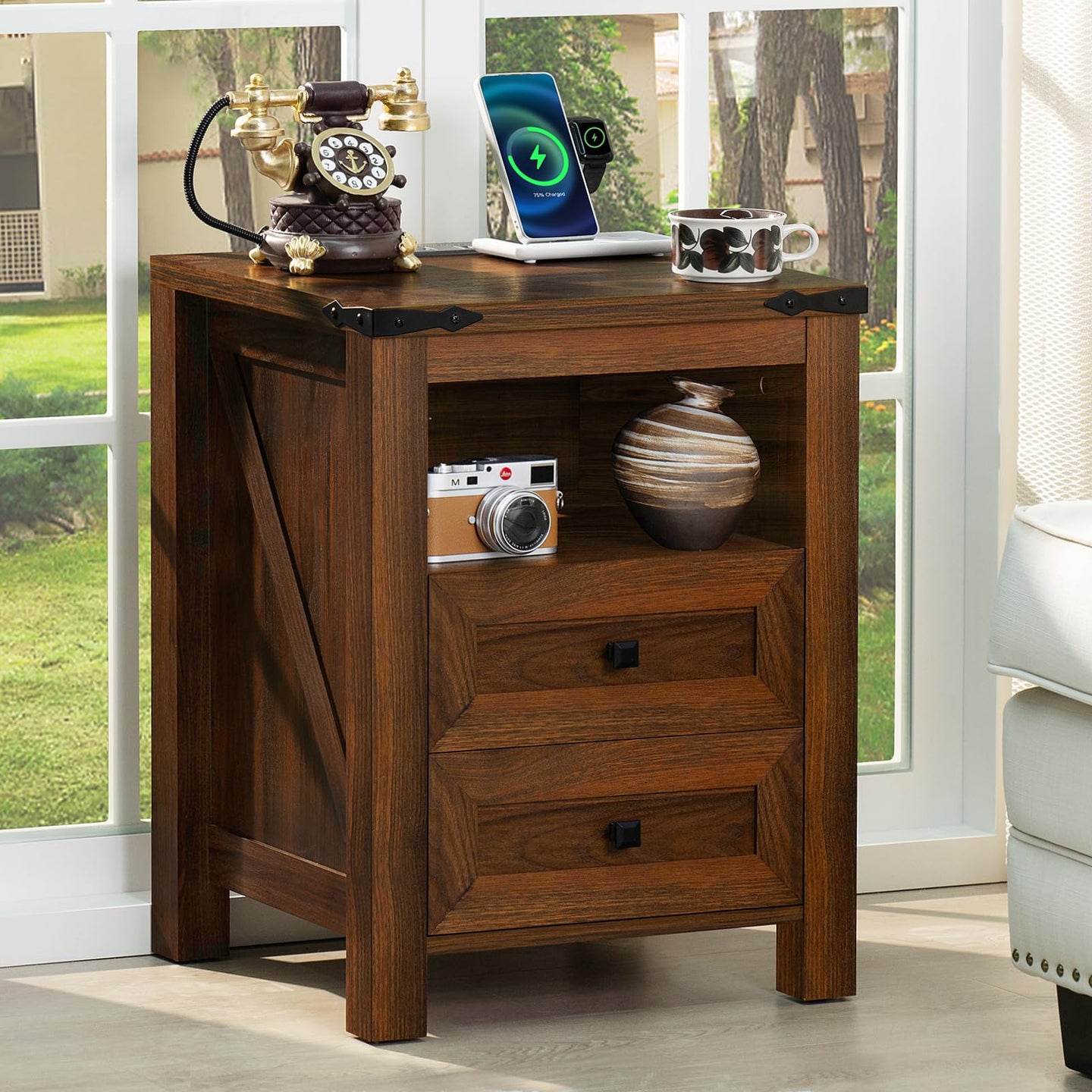 Brown wood farmhouse nightstand with charging top, two drawers, and open shelf