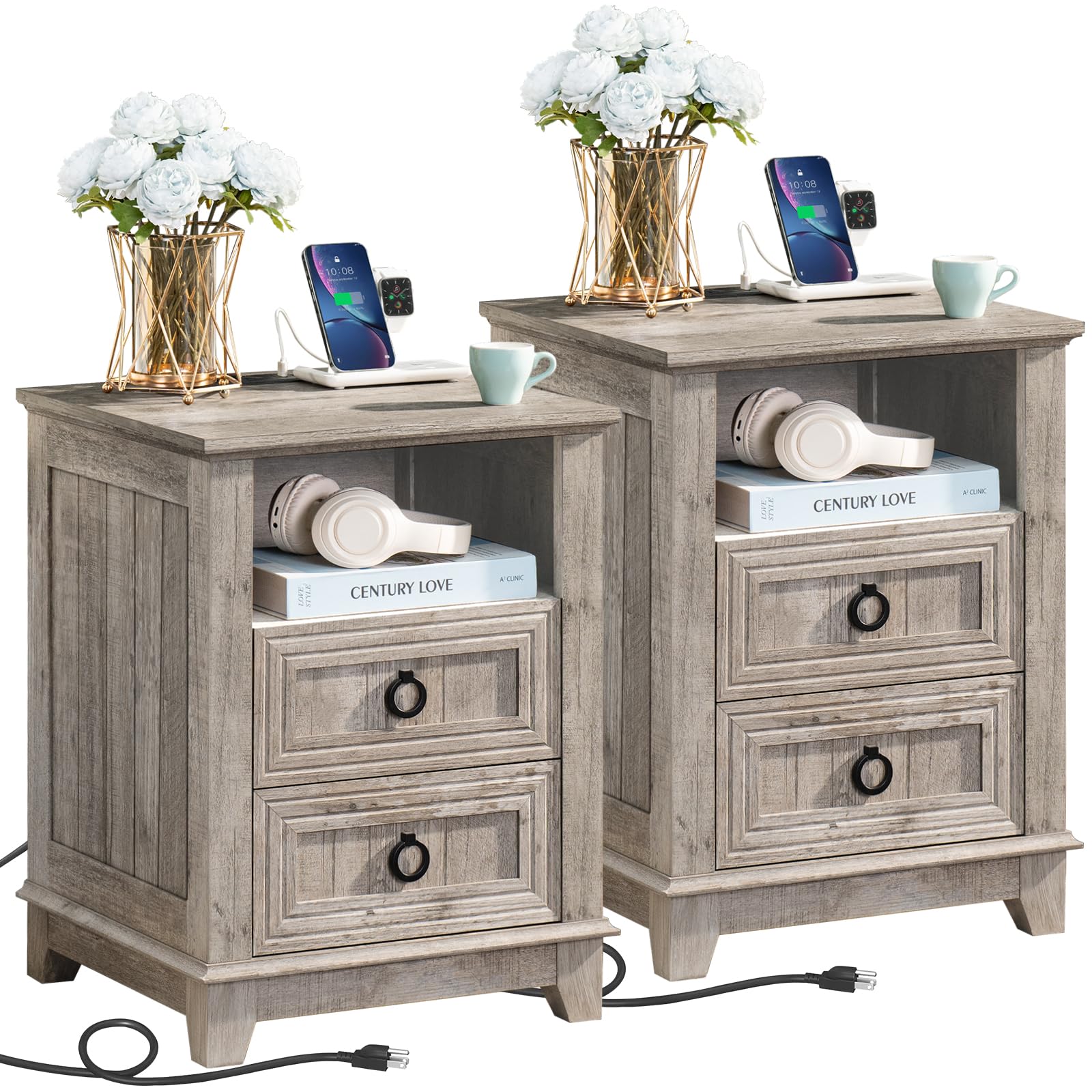 Gray farmhouse nightstand set of 2 with three drawers and round metal handles
