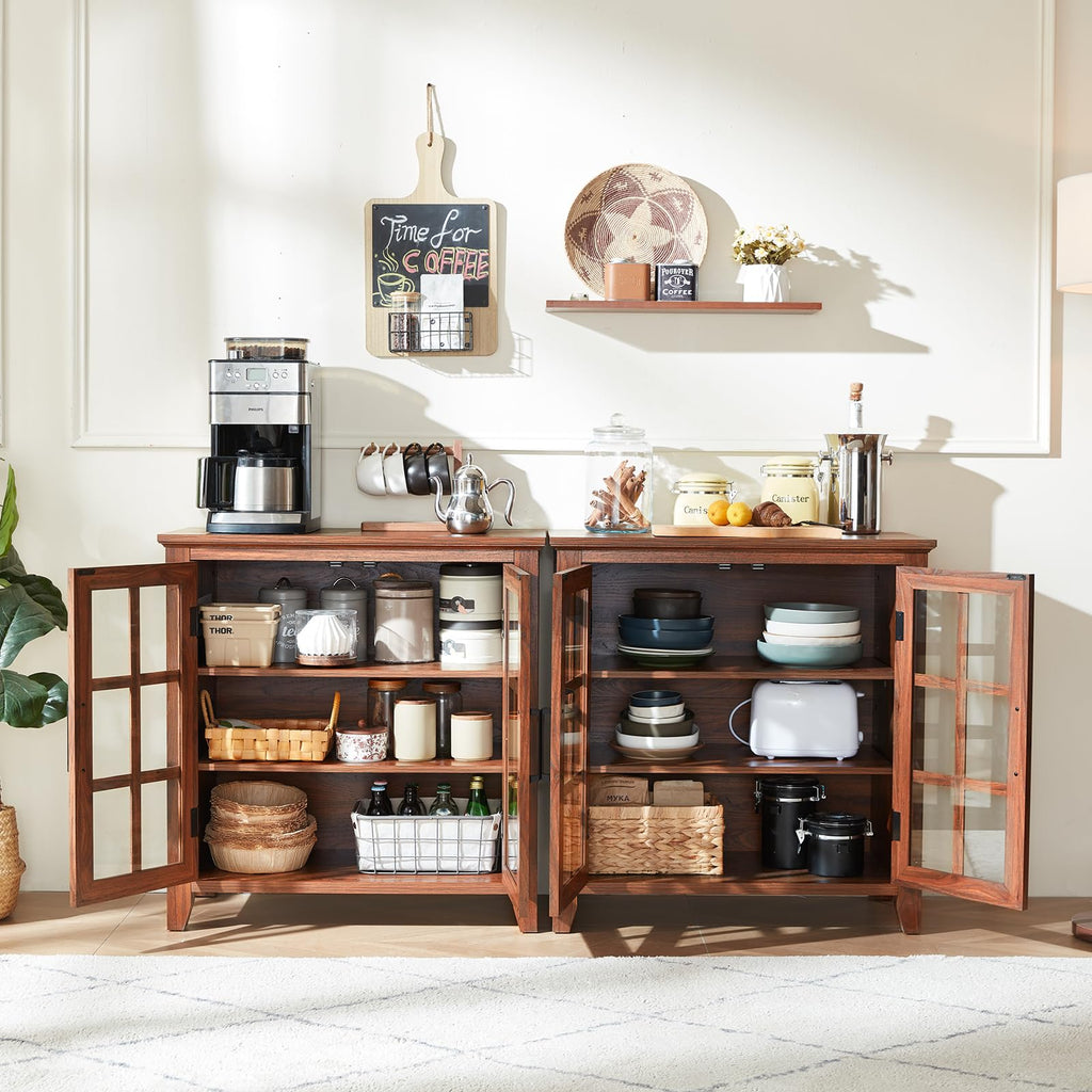 Brown sideboard buffet cabinet with two glass doors and open interior shelves
