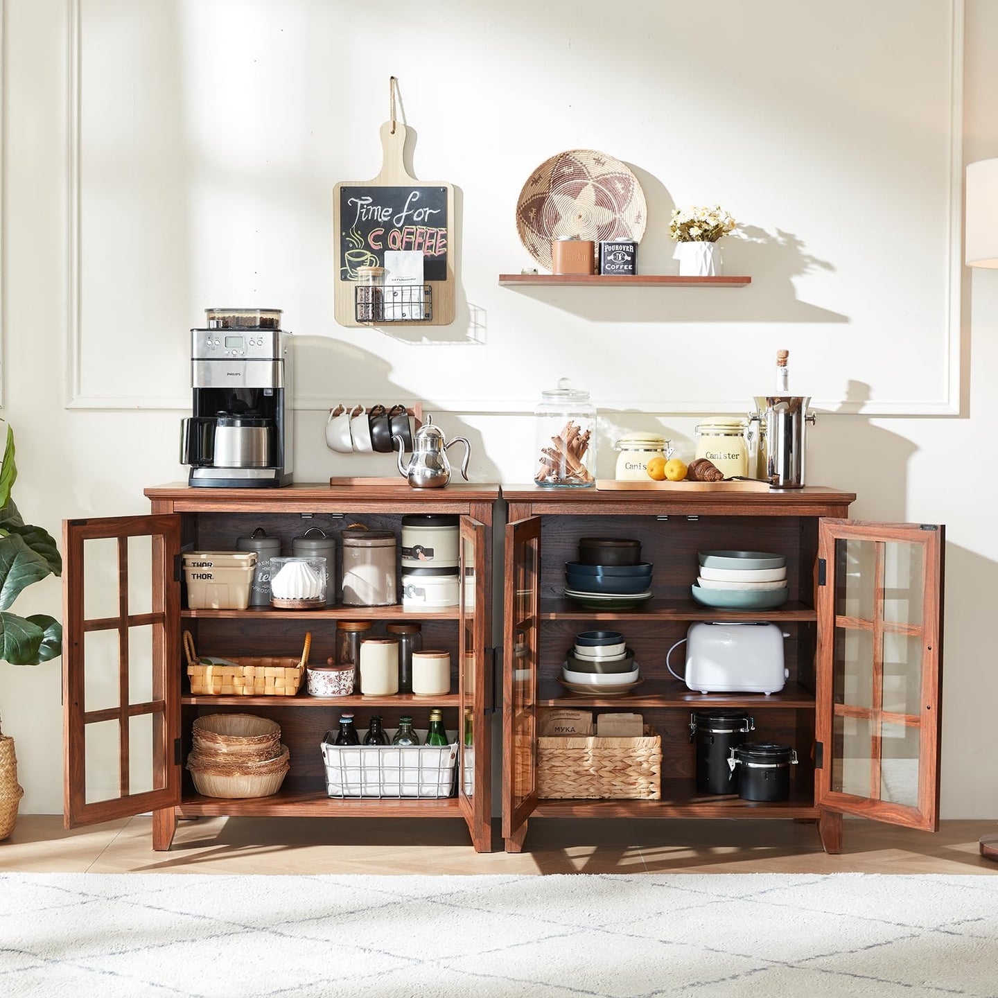 Brown wood sideboard cabinet with two open compartments and glass door panels