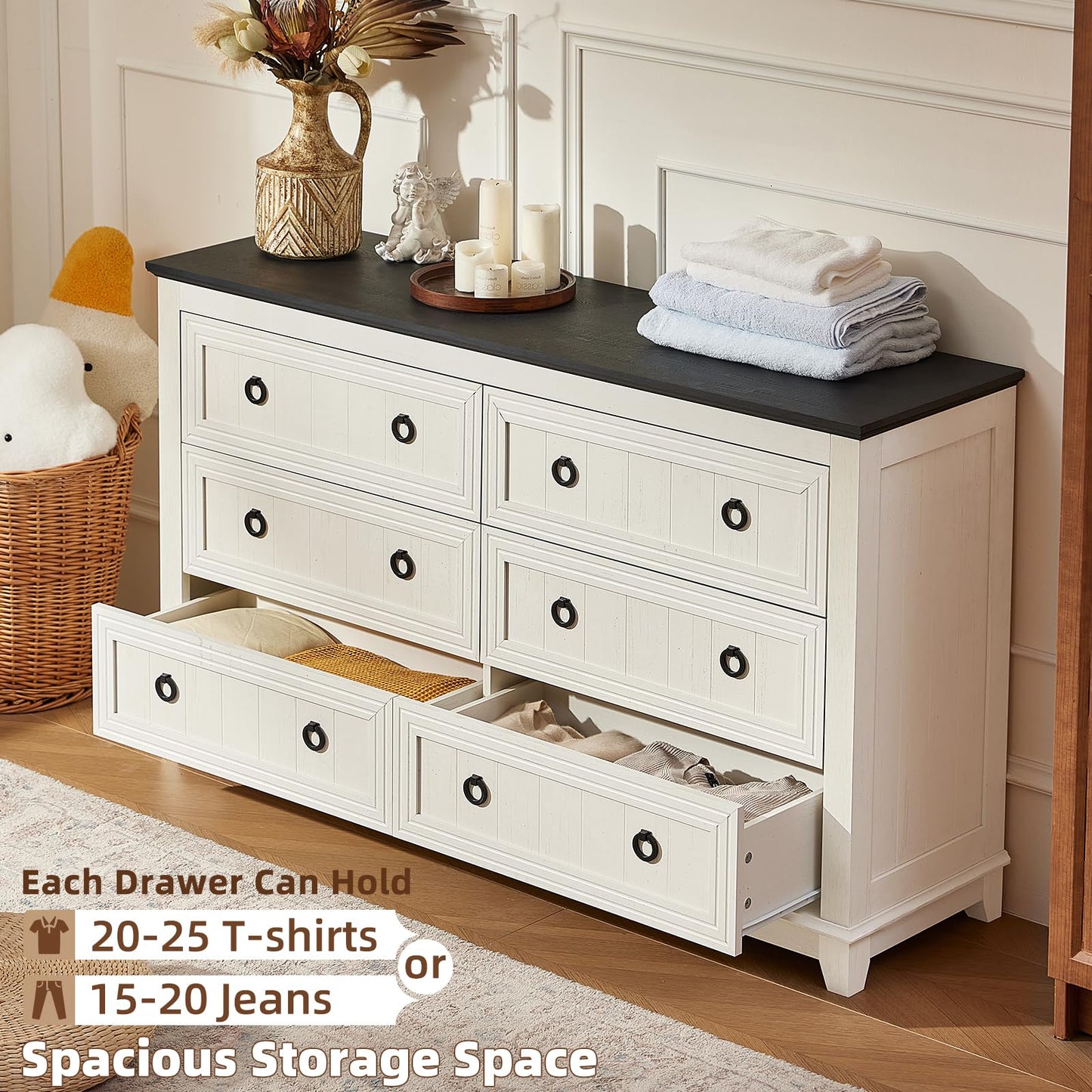 White wood dresser with six drawers, black round knobs, and open drawer space under the top