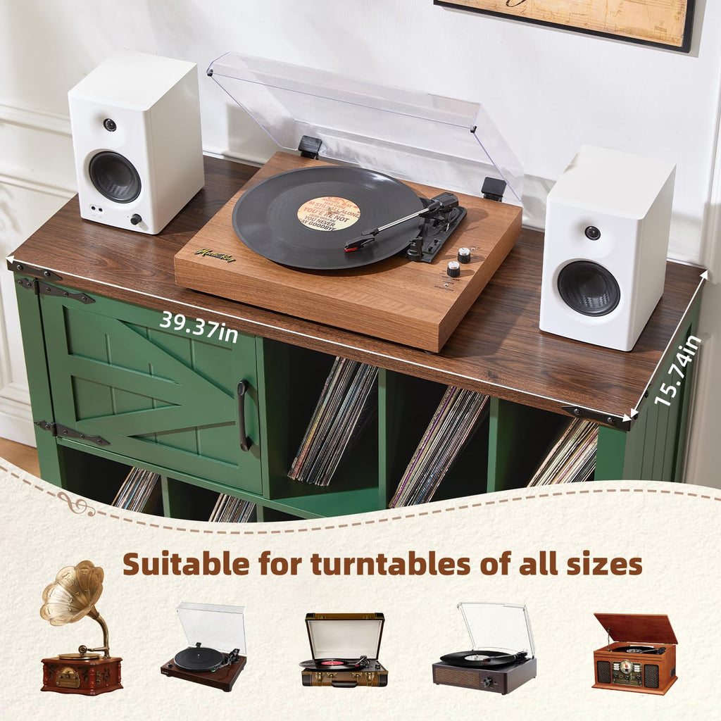Green record player stand with turntable on wood top and open vinyl storage shelves