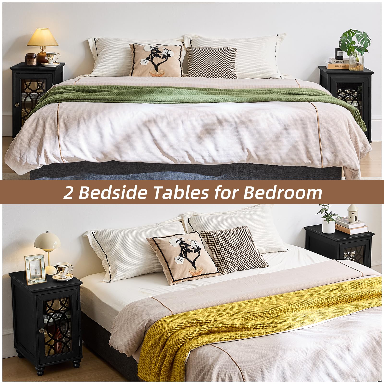 Two black bedside tables with glass doors and storage cabinets, for bedroom use