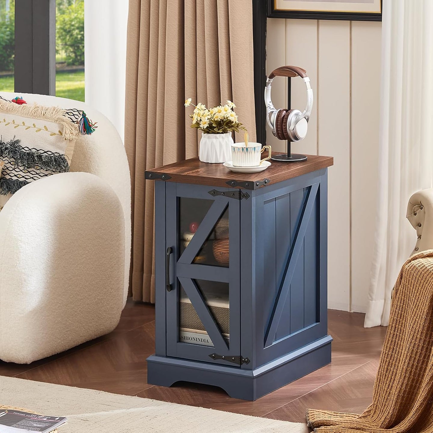 Navy blue bedside nightstand with wood top and glass barn-style door