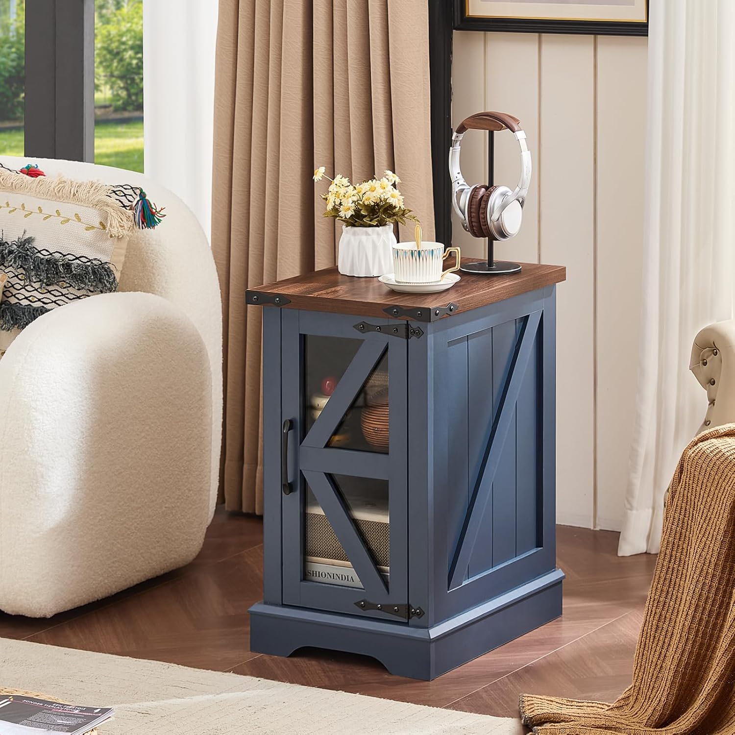 Navy blue bedside nightstand with wood top and glass barn-style door