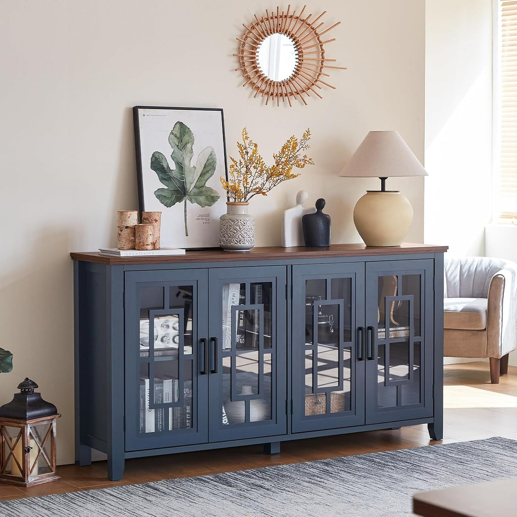 Farmhouse sideboard cabinet with four paneled glass doors, dark blue-gray finish
