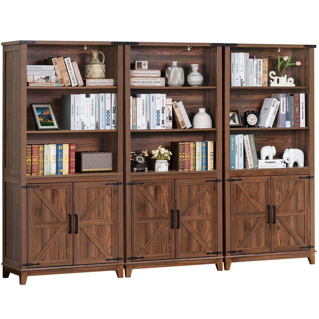 Brown tall bookcase with open shelves and barn-style cabinet doors