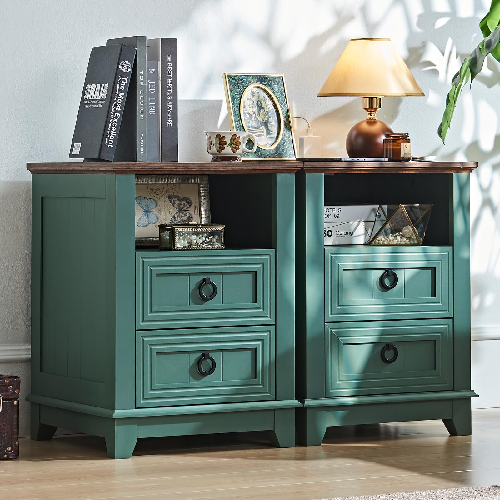 18" Farmhouse Night Stand with Charging Station, 2 Drawers End Table Dresser for Bedroom, Blue Wooden Nightstand, Bed Side Table with Open Shelf, Bedside Cabinet for Living Room, Closet