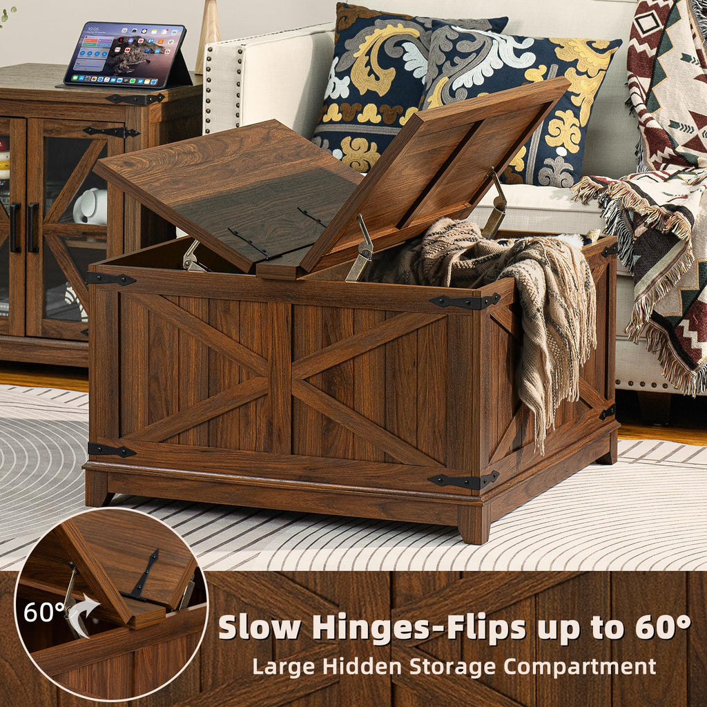 Medium brown wood farmhouse coffee table with lift-top and hidden storage, shown open