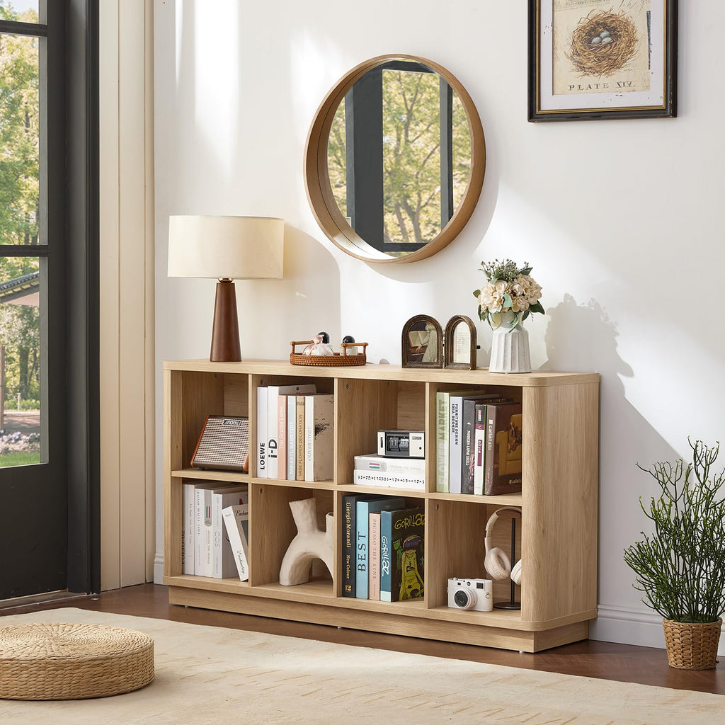 Natural oak cube bookcase with 8 open cubbies, sturdy base, and curved front design
