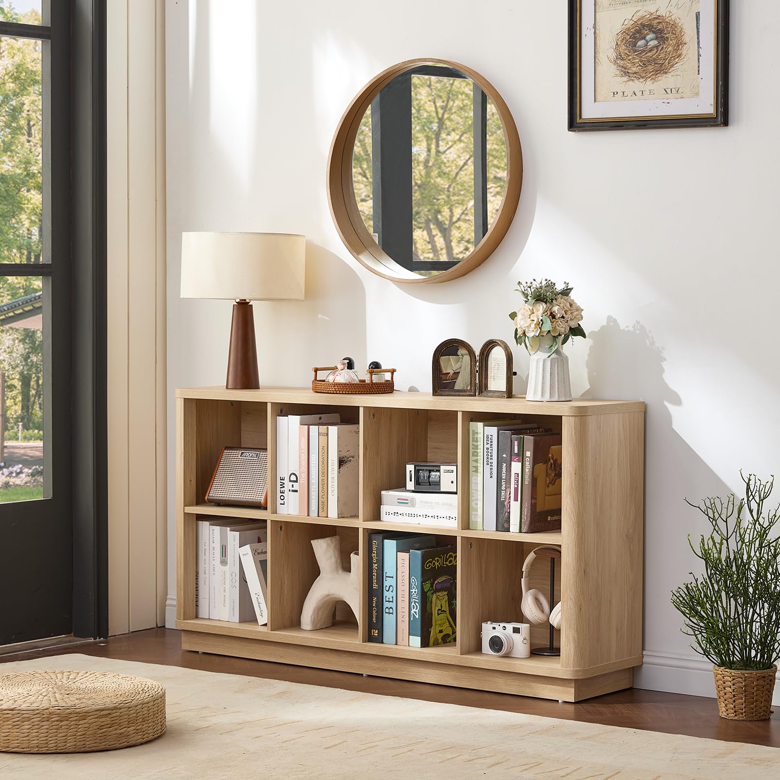 Natural oak cube bookcase with 8 open cubbies, sturdy base, and curved front design