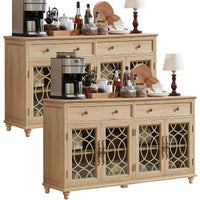 Light wood farmhouse sideboard buffet cabinet with glass-pane doors and drawer storage